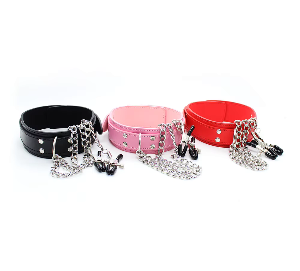 Collar de Cuero con Pinzas Negro/Rosado/Rojo