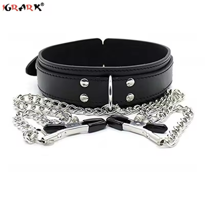 Collar de Cuero con Pinzas Negro/Rosado/Rojo