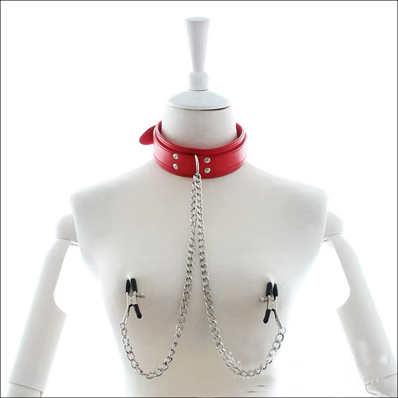 Collar de Cuero con Pinzas Negro/Rosado/Rojo
