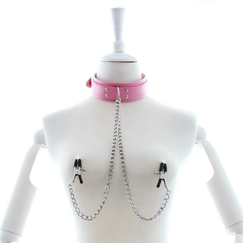 Collar de Cuero con Pinzas Negro/Rosado/Rojo
